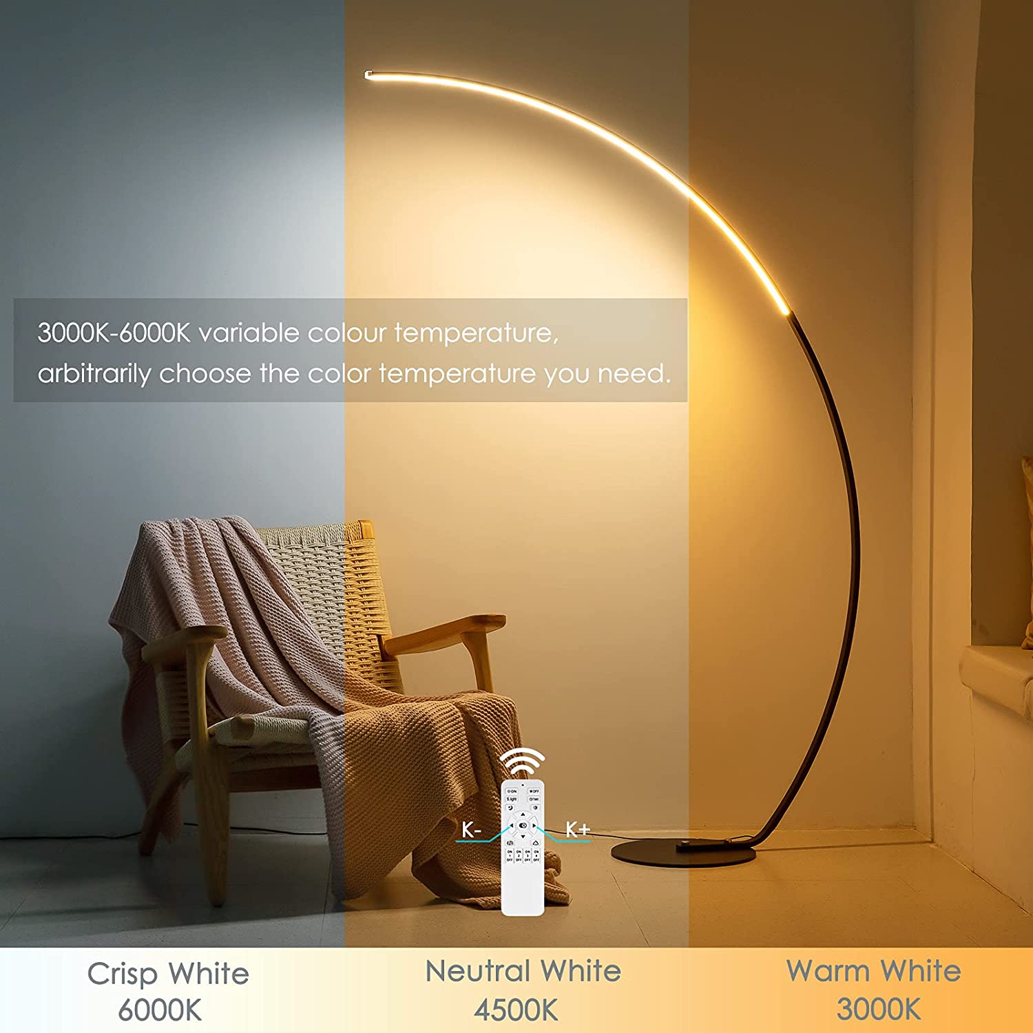 Lámpara de pie curva moderna RGBW – Iluminación LED decorativa con control remoto | Nueva versión 2025