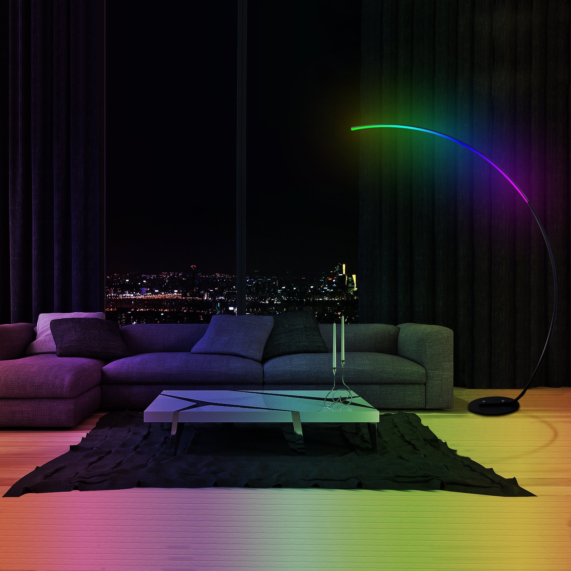 Lámpara de pie curva moderna RGBW – Iluminación LED decorativa con control remoto | Nueva versión 2025