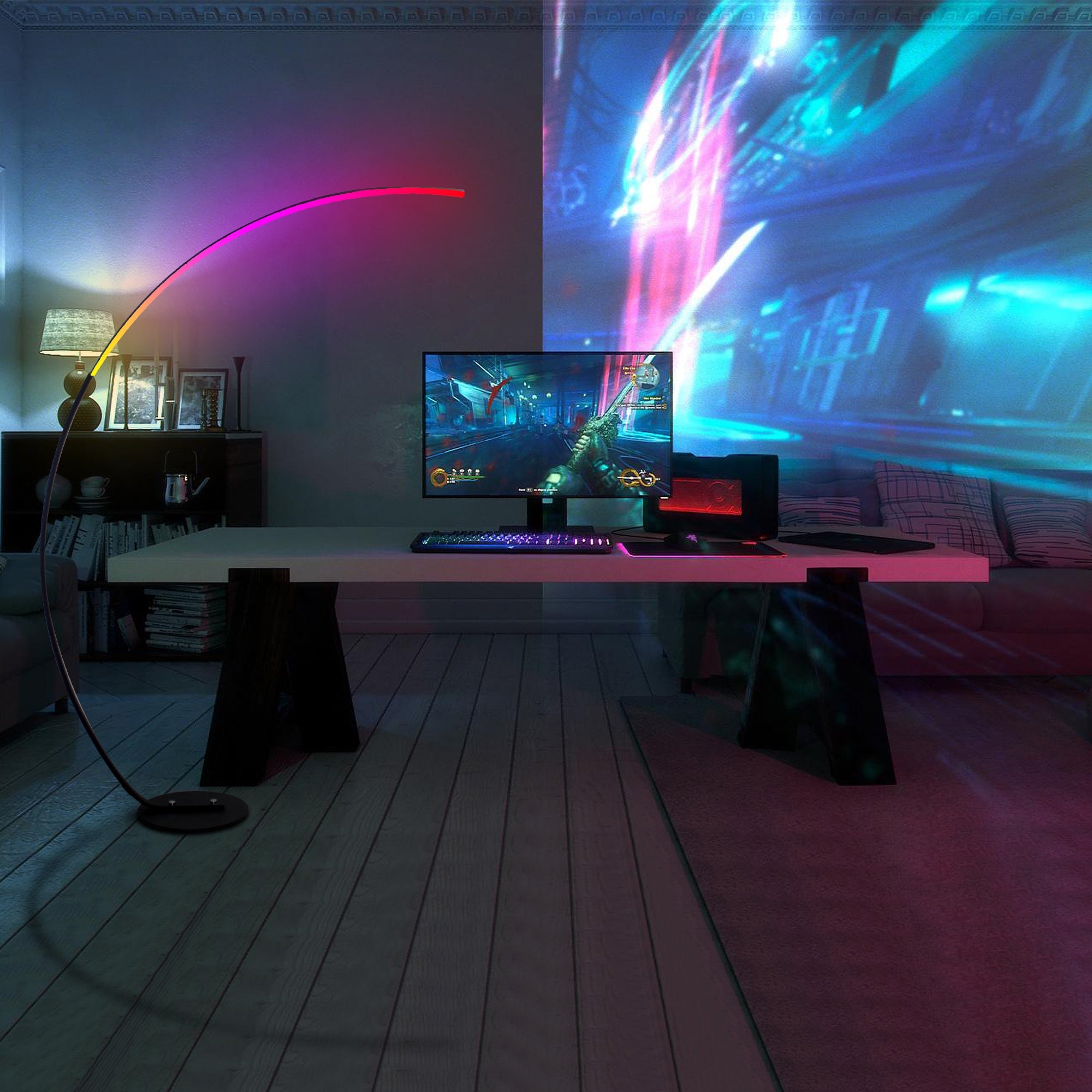 Lámpara de pie curva moderna RGBW – Iluminación LED decorativa con control remoto | Nueva versión 2025